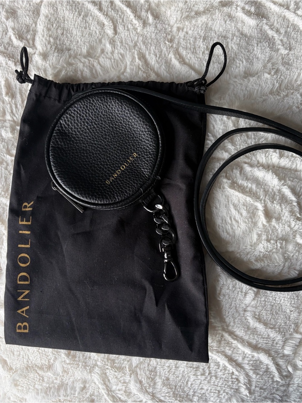 Bandolier Black Pebbled Leather Crossbody Strap with Attached Round Pouch